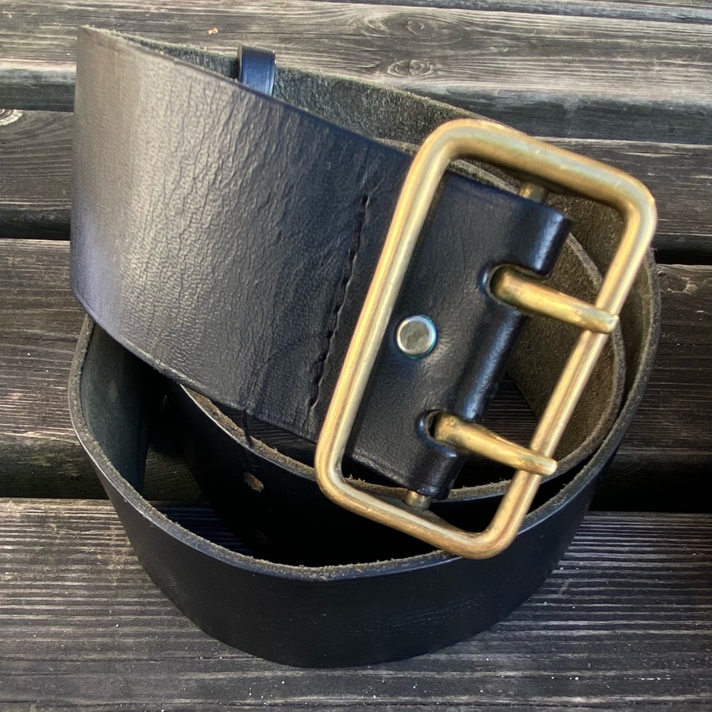 Vintage Laura Ashley Classic Black Leather Belt with Real Brass Buckle